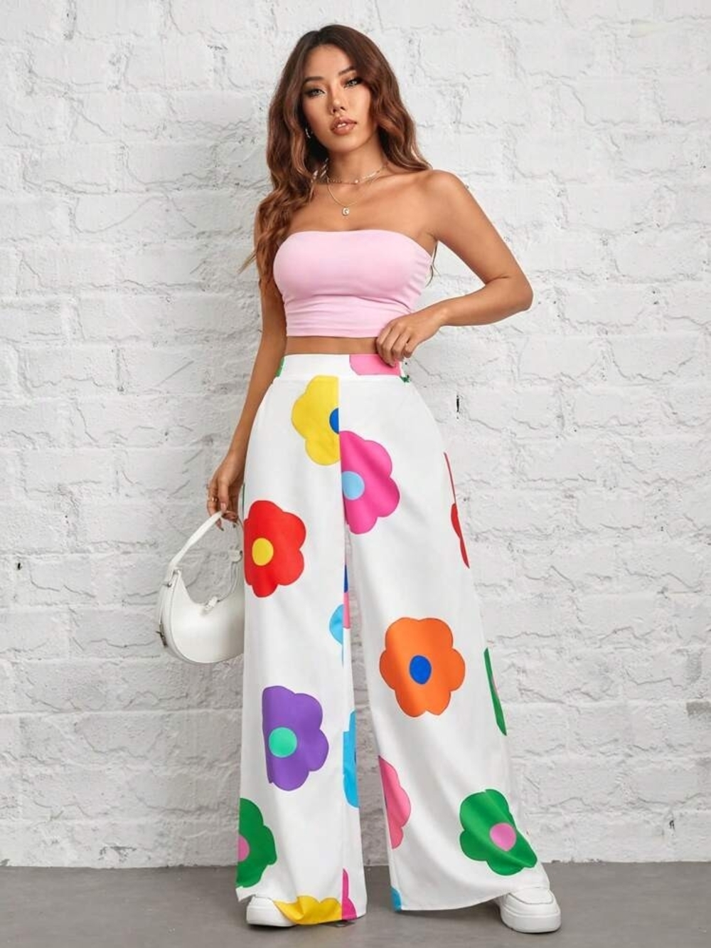 Retro Floral Wide Leg Pants White Multi Colorful Flower Lounge XS